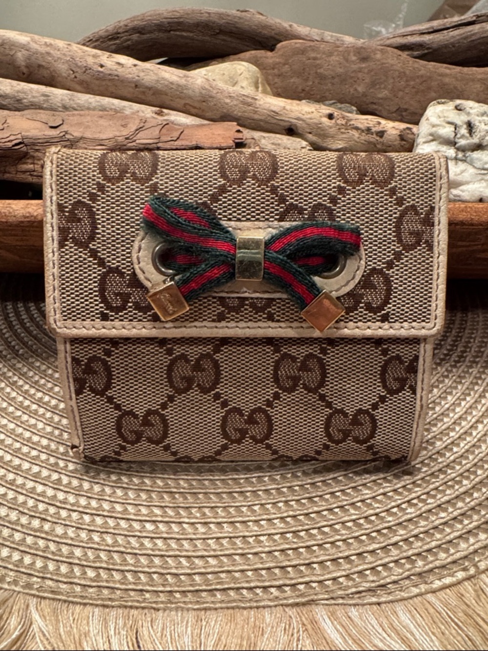 Gucci Beige Brown GG Canvas Small Wallet with Green & Red Bow